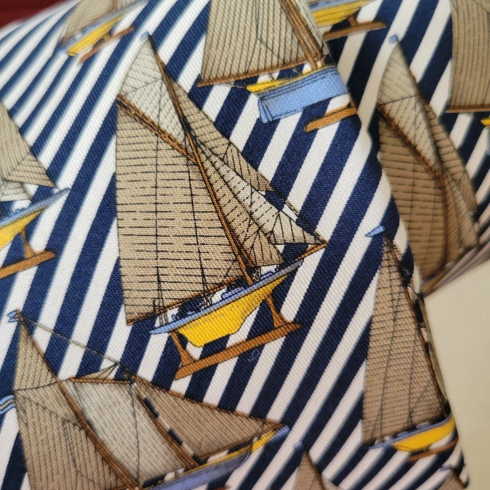 Lands' End Silk Necktie Hand Sewn Nautical Sailboats Coastal Preppy ~ GUC ~ 80s